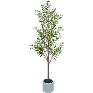 6FT Artificial Faux Olive Tree with Water Droplet for Indoor, Fake Silk Leaves, Green