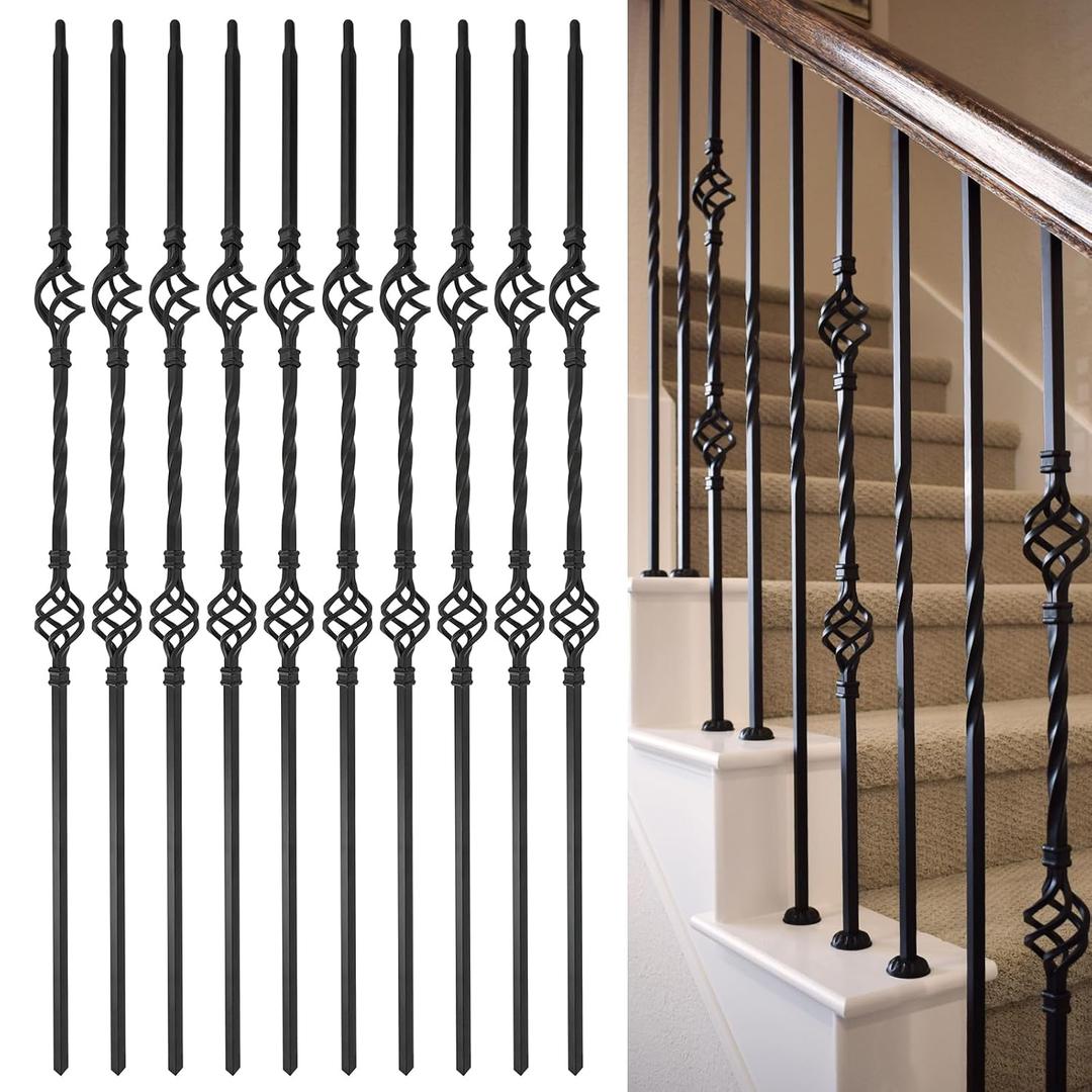 Wrought Iron Balusters - 10Pack - Hollow Double Basket & Single Twist Spindles,Decorative Metal Balustersfor Decks,1/2 Inch Square Baslusters for Staircase Interior (Satin Black) - GD03