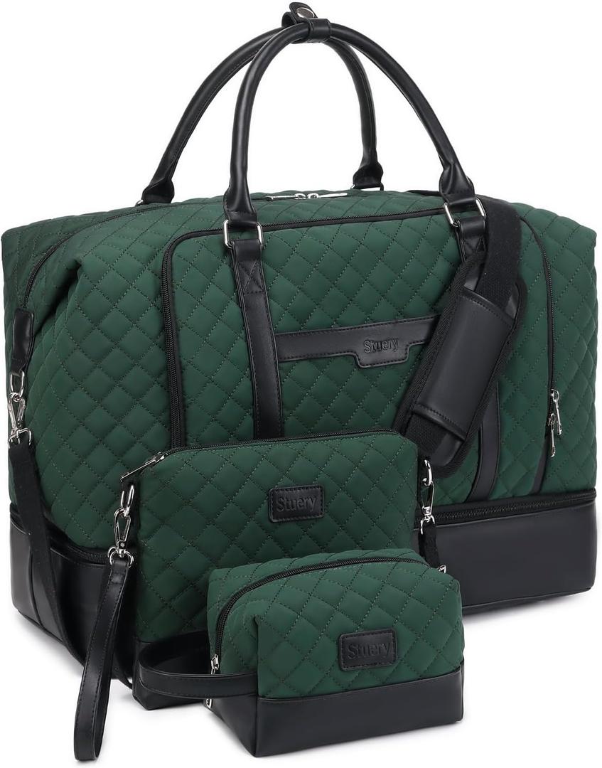Weekender Bag, Large Travel Duffel Bag for Women, Carry on Overnight Bag with Shoe Compartment and Toiletry Bags (B-Dark-Green)