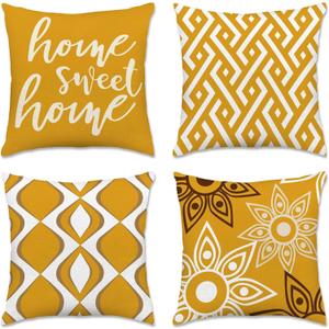 Hexagram Geometric Yellow Pillow Covers 18x18, Boho Pillow Covers | Set of 4, Home Sweet Home, Outdoor, Farmhouse, Sofa, Living Room, Bedroom, Decor, No Insert