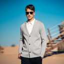 Men's Cardigan Sweater Button Front V-Neck Long Sleeve Knit Sweaters (Gray, XXXL)