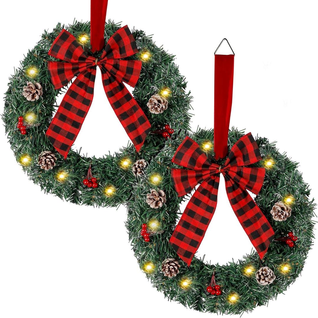 Zcaukya 2 Packs Pre-lit Christmas Wreaths, 14 Inch Buffalo Check Bowknot Wreath with 8 Lighting Modes String Lights, Artificial Front Door Wreath for Xmas Hanging Decor, with Timer