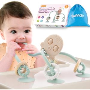 Baby Teething Toys, High Chair Toy with Suction Cup for Infant Toddlers 6 12 18 24 Month, Food Grade Silicone Teether with Oak Loop, Montessori Sensory Educational Baby Bath Toy Gifts (Green)