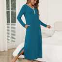 Marvmys Womens Long Sleeve Nightgowns Long Button Up Night Gown Henley V Neck Full Length Sleep Shirts with Pocket (Blue, XL)