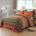 Travan Boho Stripe Quilt Sets Floral Printed Reversible Soft Bohemian Bedding Set with Shams for All Season, Orange Red Stripe, Queen Size