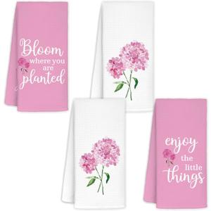 Pink Hydrangea Kitchen Towels Set of 4, Bloom Where You are Planted Pink and White Hydrangea Decorative Hand Towels for Bathroom, Hydrangeas Gifts, 16x24