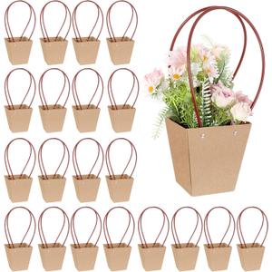 Pafeooui 20 Pack Paper Flower Gift Bags, Waterproof Bouquet Bags with Handles for Birthday, Wedding, Party Favors Brown 3.15x3.15x4.92 Inch