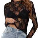 Women's Lace Mesh Top Long Sleeve Mock Neck Undershirt Sheer Blouse See Through Undershirt Party Layering Tops Black (S)