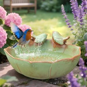 Ceramic Bird Bath for Outdoors, 10.1 Ground Ceramic Bird Baths Bowl for Outside, Garden Table Top Bird Baths Weather Resistant, Birdbath for Deck, Balcony, Lawn