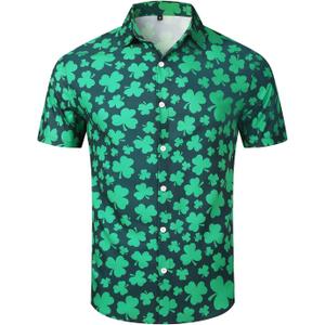 Mens St. Patrick's Day Shirt Hawaiian Shirts for Women Irish Clover Printed Casual Short Sleeve Summer Beach Top Costume (Green, XL)