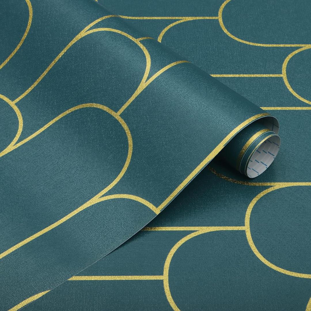 Yasinet Peel and Stick Wallpaper Green and Gold Wallpaper Dark Green Contact Paper Modern Geometric Removable Self Adhesive Wall Paper for Bedroom/Cabinet Waterproof for Bathroom Vinyl 197" x 17.3"
