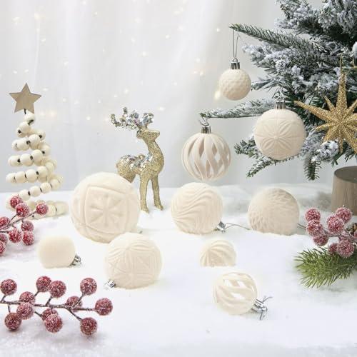 Decor 18 Pcs Velvet Christmas Tree Ornaments Set, Cream
