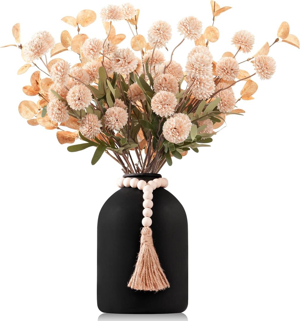 20''H Fake Flowers in Large Vase for Centerpiece Table Decorations with 10Pcs Fake Mums Flowers Eucalyptus Stems Faux Pompon Kiku Flowers Arrangement for Home Decor (Beige/Black Vase)