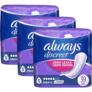 Always Discreet, Incontinence Pads for Women, Maximum, Long Length (Packaging May vary), Purple, 39 Count (Pack of 3)