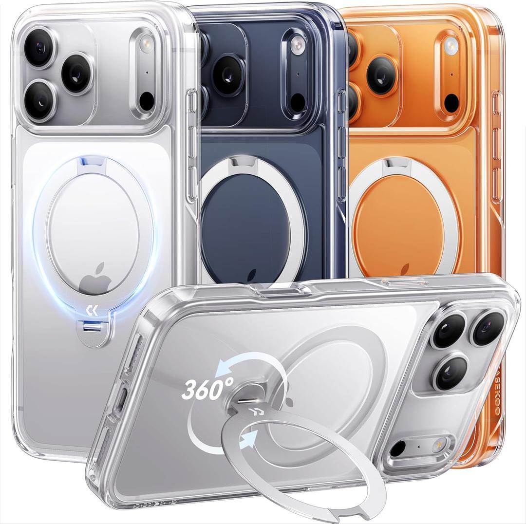 CASEKOO Clear for iPhone 17 Pro Case with 360 Spin Magnetic Stand[Fit for MagSafe][17FT Military Protection][Long-Lasting Clarity] Slim Frame Titanium Alloy Sturdy Stand 6.3'', Clear