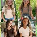 3 Pack Girls Ribbed V Neck Shirts | Short Sleeve, Kids Summer, T-Shirts, Tween, Fitted Tops, Basic Cute Tees, 5-14 Years, Soft, Comfortable