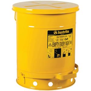 Justrite 10 Gallon Galvanized Steel Oily Waste Can, 18" x 14" Metal Oil Rag Safety Can with Foot Operated Self-Closing Lid for Oil Rag Disposal, Made in The USA, Yellow, 09301