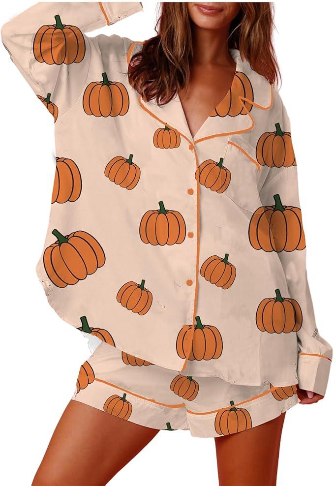 MBZJSDKHLK Women's Halloween Pajamas Set Silk Satin Ghost Pumpkin Print Long Sleeve Button Down Shirt 2 Piece Pjs Shorts Sets, M