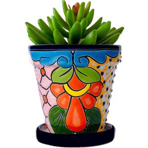 Mexican Pottery Planters - Talavera Planter - Succulent Pots - Ceramic Pots for Plants Indoor & Outdoor with Drainage Hole and Saucer - 4'' W x 4" H (Cobalt Blue-Small)