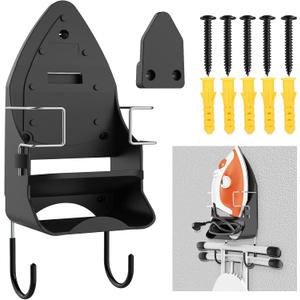 Wall Mount Iron,Ironing Board Hanger for Household Bathroom and Laundry Room, Electric Iron Holder with Hook-for Max 5.4" (Black)