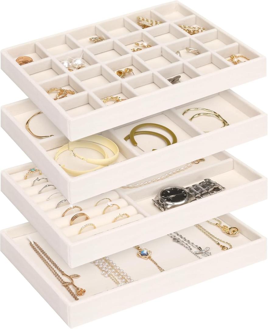 Jenseits 4 Jewelry Organizer Drawer Insert, Stackable Velvet Jewelry Tray Organizer Display Case Storage Containers, Earring Holder Necklace Watch Bracelet Accessary Ring Trays, Gift For Women (Beige)
