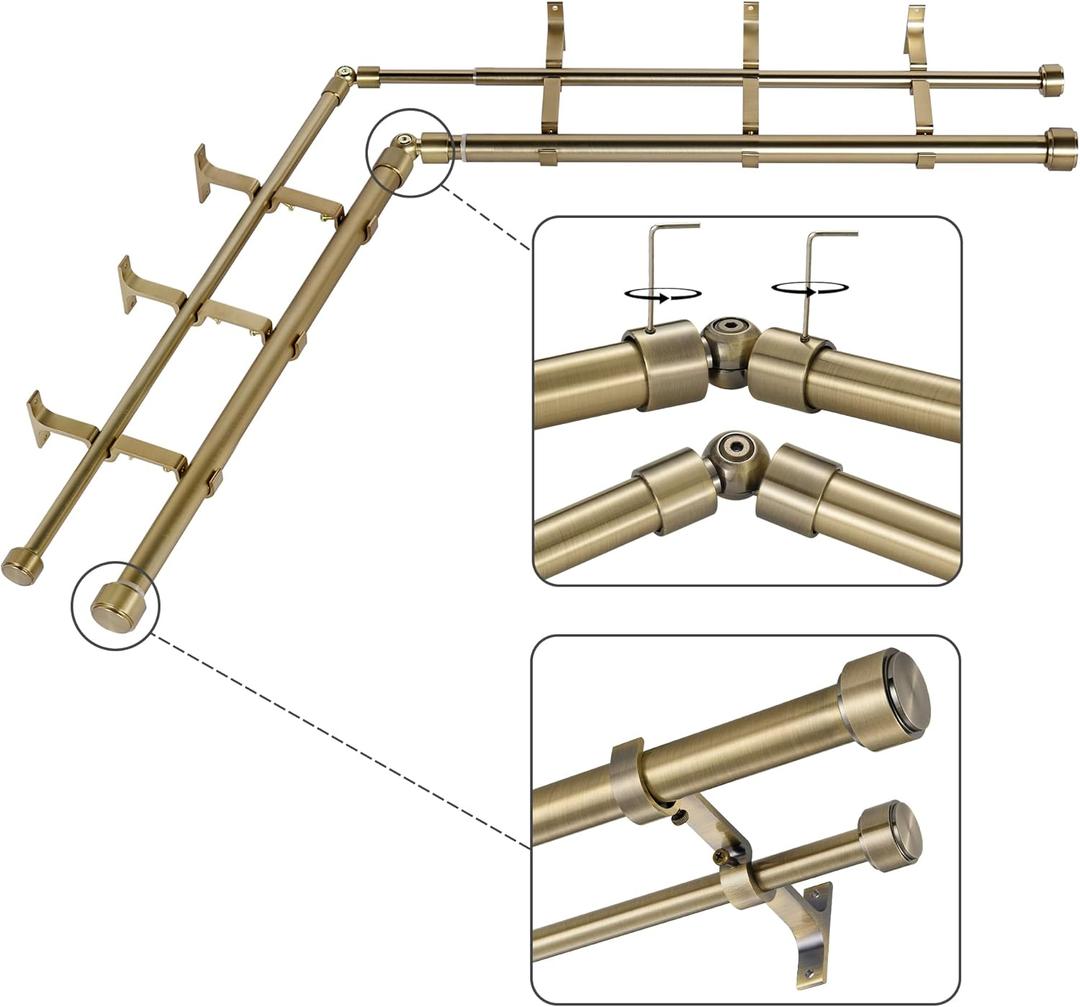 Antique Bronze Double Corner Window Curtain Rods with Aluminum End Cap Finials and Brackets,1 Inch Diameter Dual Bay Window Curtain Rods, Adjustable 2 Sided 36-72 Inch Double Drapery Rod