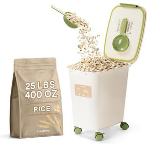 Rice Dispenser - 25Lbs 400oz Airtight food storage container with lids,cereal flour storage Container,With Measuring spoon and wheels, large flour bin rice organizer bucket (12L)