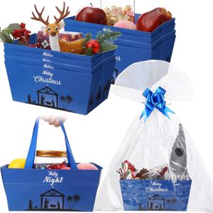 Moinchore 12 Pcs Christmas Nativity Basket for Gifts Empty 9.8x6.5'' Jesus Holy Night Market Tray Cardboard Basket with Bows, Plastic Bags, Twist Ties, Empty to Fill for Religious Christian Party (Dark Blue)
