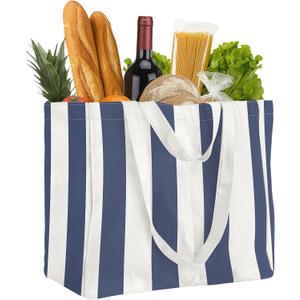 Miss Adola Extra Large Canvas Grocery Tote Bag - Reusable Washable Shopping Shoulder Bag with Inner Pockets & Handle Straps (Blue & White Stripes)