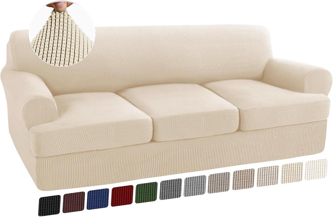 Turquoize 4 Piece T Cushion Sofa Slipcovers Stretch Couch Cover Furniture Covers with 3 Individual T Cushion Covers, Washable (3 Cushion Sofa, Biscotti Beige)