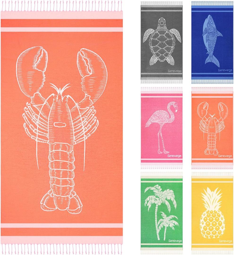 Oversized Cotton Turkish Beach Towels 72"x36" Lightweight Quick Dry Sandless Pool Swim Towel Large No Sand Adult Travel Compact Blanket Essentials Cruise Accessories Must Haves Orange lobster