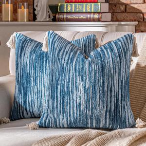 AmHoo Boho Throw Pillow Covers Set of 2 Decorative Bohemian Woven Tufted Striped Farmhouse with Tassels Textured Cushion Case Pillowcase Neutral for Sofa Couch Bed 18 x 18-Inch Sky Blue