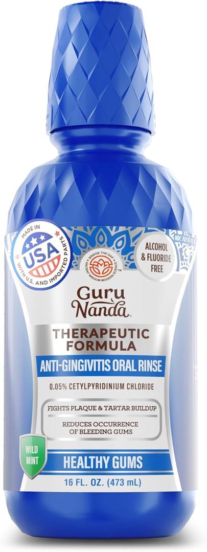 GuruNanda Healthy Gums Mouthwash for Gingivitis & Bleeding Gums Antigingivitis Oral Rinse with 0.05% CPC Alcohol-Free, Fluoride-Free Plaque Control Wild Mint, 16 oz