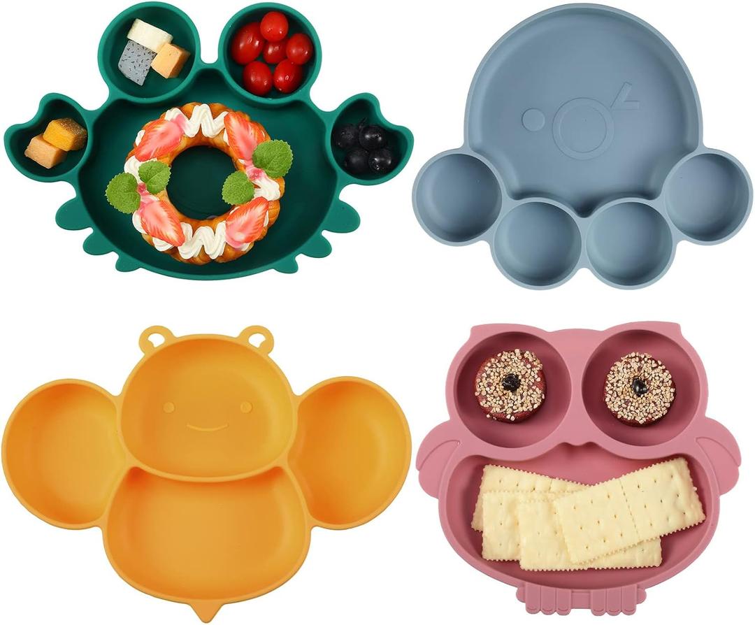 Maxdot 4 Pcs Silicone Baby Plates Toddler Suction Plates Divided Baby Dishes Cute Animal Kids Plates for Toddlers Baby Feeding Eating Supplies, Microwave and Dishwasher Safe (Multi Colors,Cute)