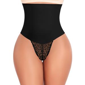 Werena Tummy Control Thong Shapewear for Women Mid High Waisted Body Shaper Underwear Lace Shaping Thong Girdle Panties (Large, Black)