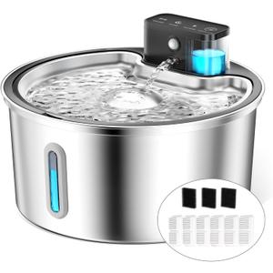 Wireless Cat Water Fountain Stainless Steel - 3.2L/108oz Cordless Pet Water Fountain Battery Operated Cats Water Dispenser Silent Rechargeable Automatic Fountain with 6 Filters 3 Sponges (Silver)