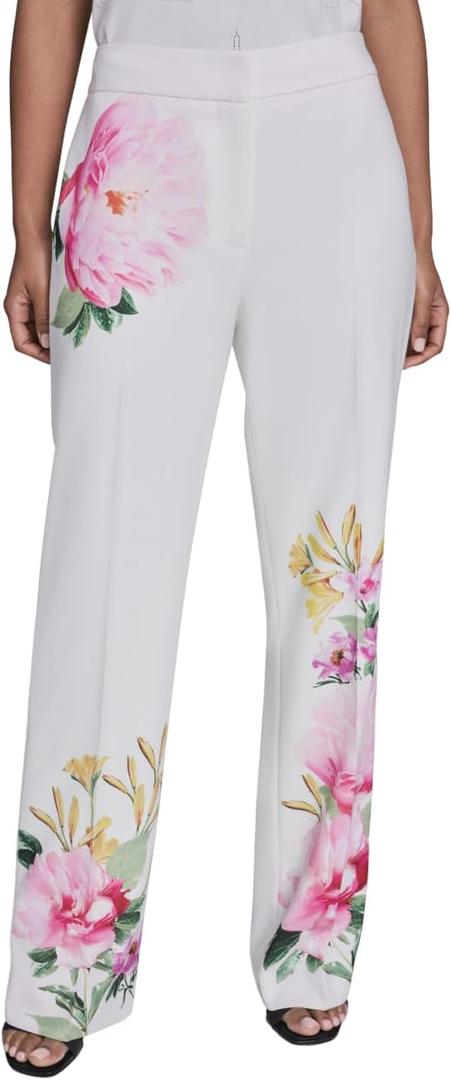 KARL LAGERFELD Paris Women's Printed Floral Pant, Soft White, 12
