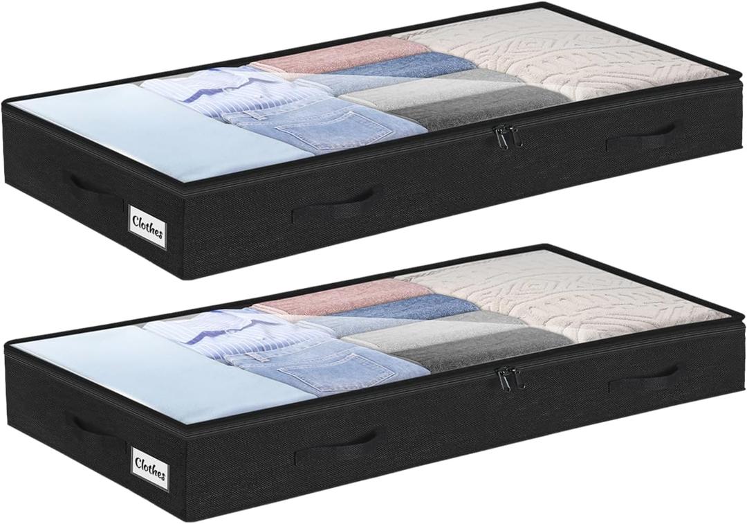 4 Inch Low Profile Under Bed Storage Drawer 2 Pack, Lightweight Underbed Clothes Storage Container Bins with NO STURCTURE, Shallow Storage Bag for Dorm & Home, With Clear Lids & Water-Resistant Fabric