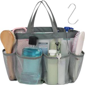 F-color Mesh Shower Caddy Portable, Upgrade Deeper 7 Pockets Shower Bag Basket Tote for College Dorm Room Toiletry Bathroom Essentials Gym Camp Quick Dry 2 handles with S Hook, Grey