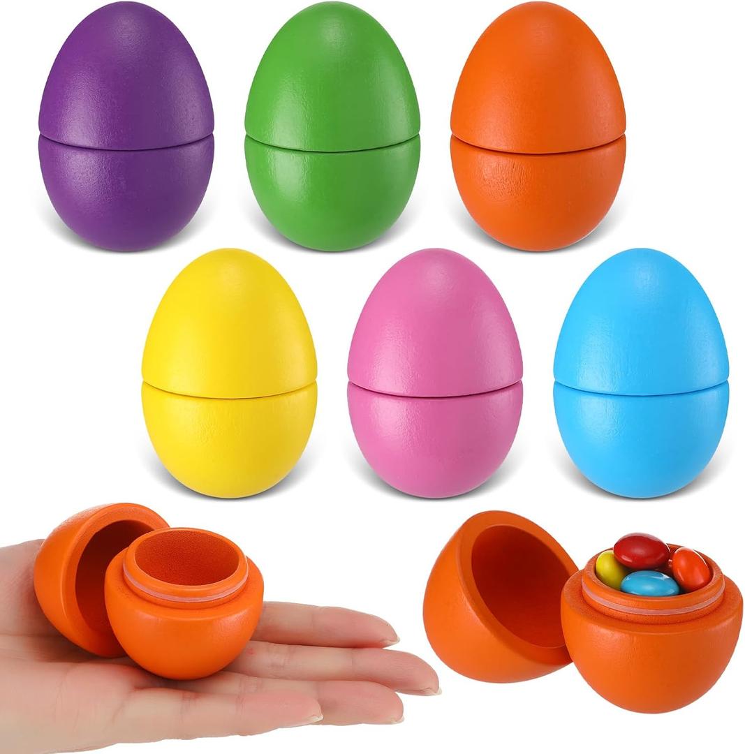 Leinuosen 6 Pcs Easter Multicolor Hollow Wooden Easter Egg Set Pastel Fillable Wood Eggs for Crafts 2.75 x 2.13 Inches Easters Basket Stuffer for Holiday Hunt Party Supplies Decor Craft(Bright Color)
