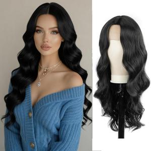 Halcyon Long Black Wavy Wigs for Women 26 inch Synthetic Middle Part Long Black Curly Wig Natural Looking Heat Resistant Fiber Wig for Daily Use
