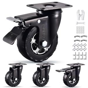 4 Inch Caster Wheels Set of 4 Heavy Duty Natural Elastic Rubber Wheels with Locking 2200Lbs Load Capacity, Silent Swivel 360 Rotation. Ideal for Industrial Carts, Trolleys, Workbenches, and Casters