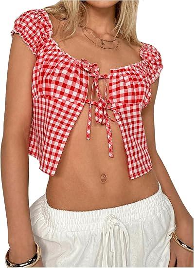 Women's Tie Up Split Front Gingham Square Neck Puff Sleeve Plaid Crop Top Blouse, Size XS