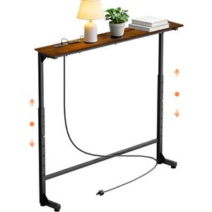 GRLEAF 35" Adjustable Height Narrow Console Table with Power Outlets, Long Sofa Table with Charging Station Behind Couch Table Skinny Entryway Table for Living Room, Hallway and Office Rustic Brown