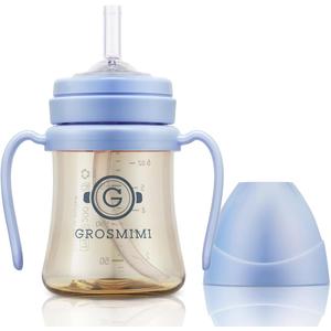 GROSMIMI Spill Proof no Spill Magic Sippy Cup with Straw with Handle for Baby and Toddlers, Customizable, PPSU, BPA Free 6 oz (Sky blue)