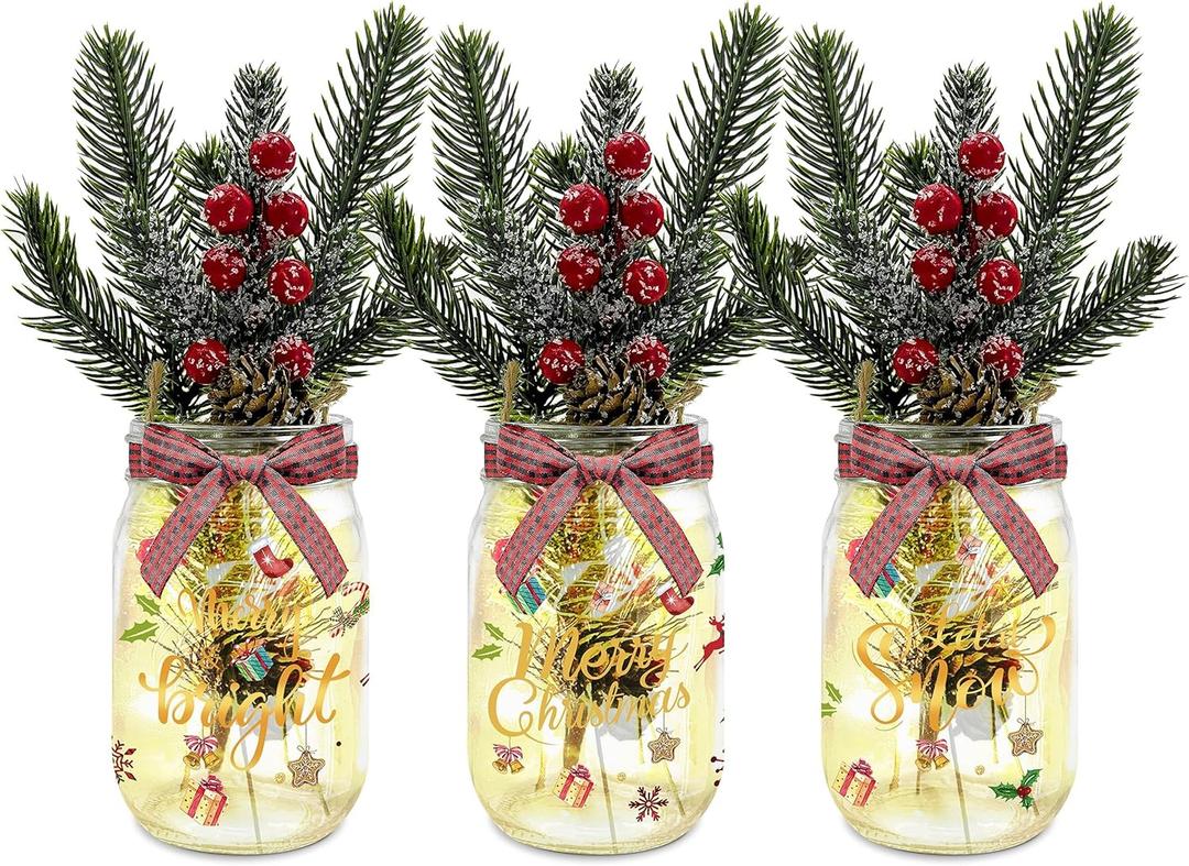Mason Jars with Lights & Pine Branches - 3 Piece Set for Farmhouse Indoor Christmas Centerpiece