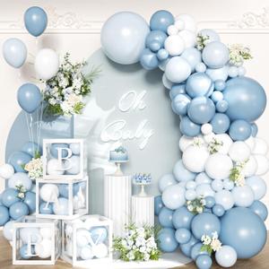 148Pcs Dusty Blue Baby Shower Decorations for Boy - Boho Balloon Arch Garland Kit with 4 Baby Boxes - Matte Blue Sand White Balloons for Gender Reveal Backdrop, 1st Birthday Party