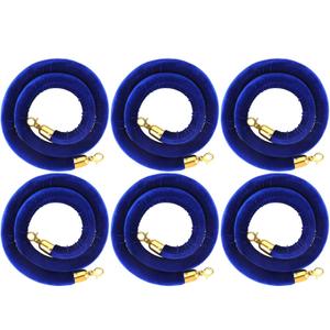 Woanger 6 Pack Velvet Stanchion Rope, 5 Feet Crowd Control Stanchion Ropes Safety Barrier with Gold Plated Hook for Carpet Events Movie Theaters Grand Openings Hotels Party(Blue)