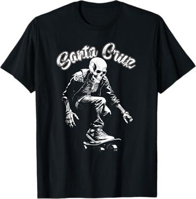 California city Santa Cruz Skeleton Surfing Skateboard T-Shirt, Black, XL