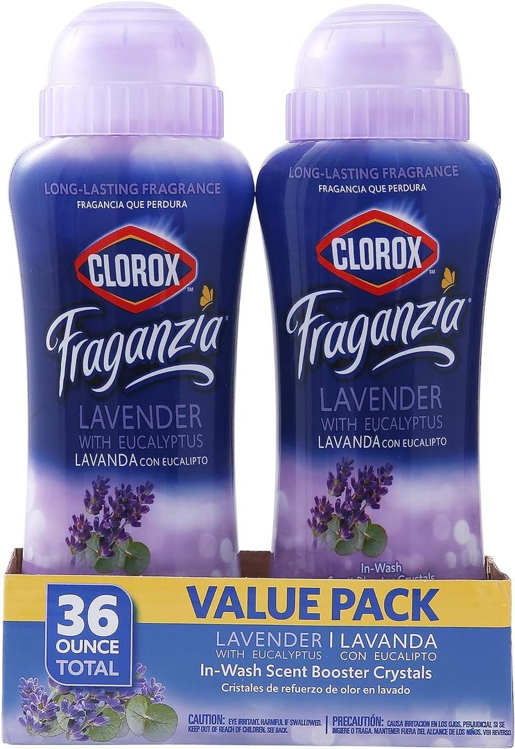 Clorox Fraganzia Laundry Scent Booster Crystals in Lavender with Eucalyptus Scent, Twin Pack, Scented In-Wash Freshener Beads for Fresh, Clean, Great Smelling Clothes and Linens, 18 Oz - 2 Pack